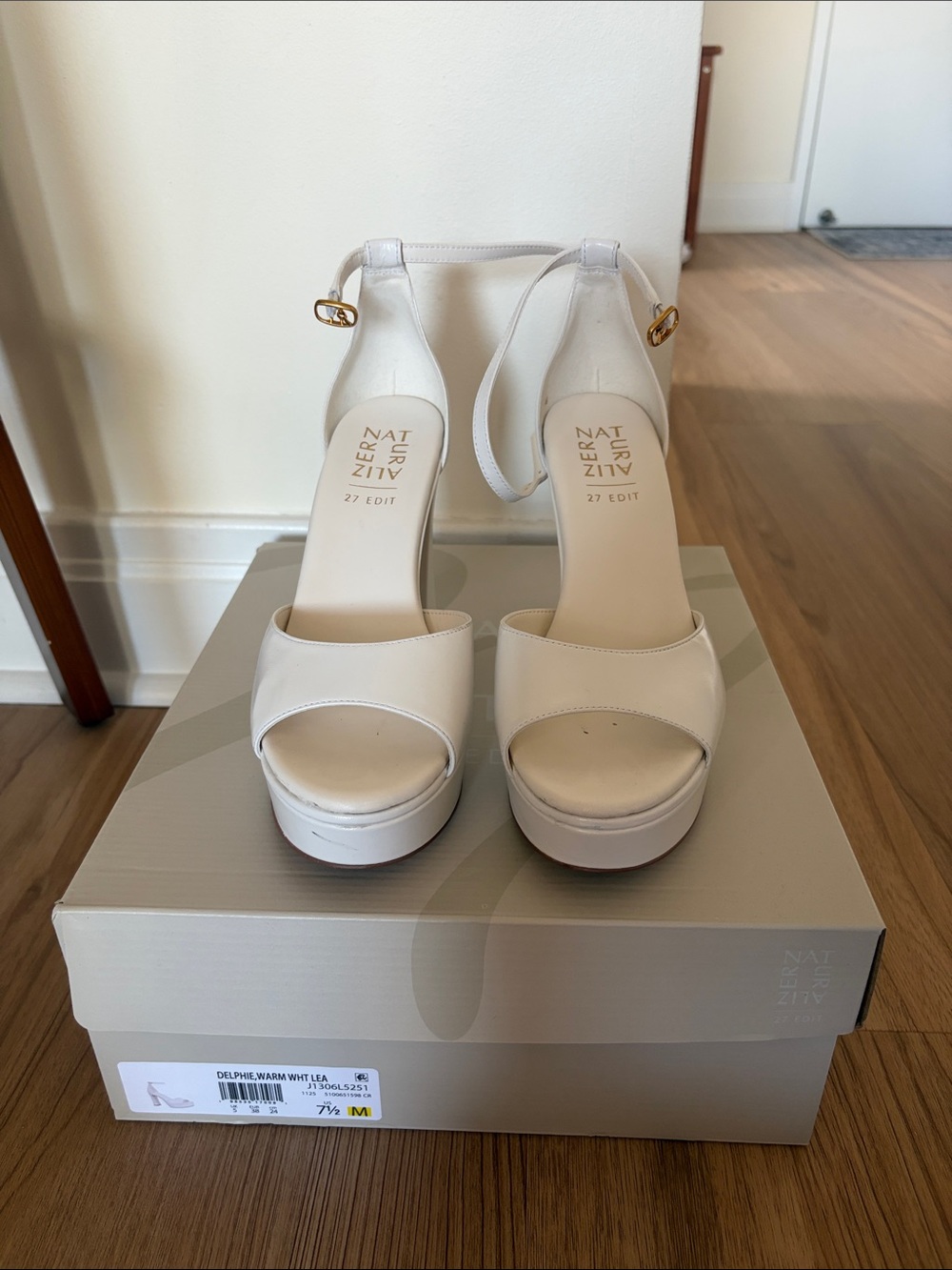 27 EDIT Delfie White Platform Ankle-Strap Heels